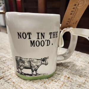 Rae Dunn Cream and Green Cow Mug "NOT IN THE MOO'D."